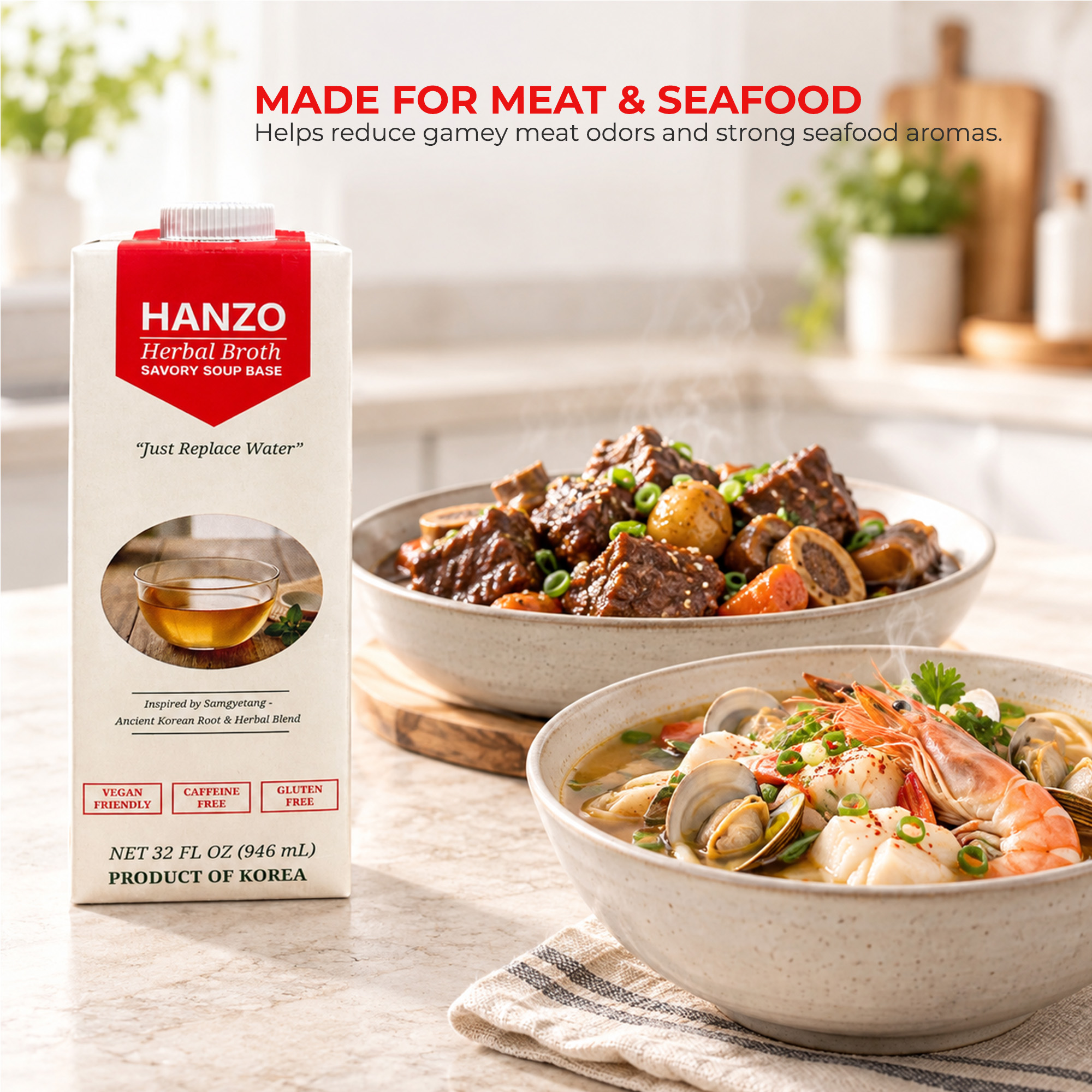 Meat and seafood dishes prepared with HANZO Herbal Broth