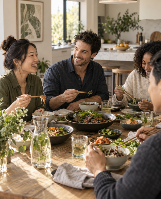 Friends sharing a Korean-inspired meal in a modern American home
